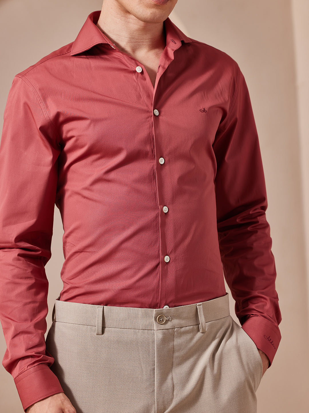 Aldeno Men Slim Fit Solid Pink Cotton Shirt (MONO)