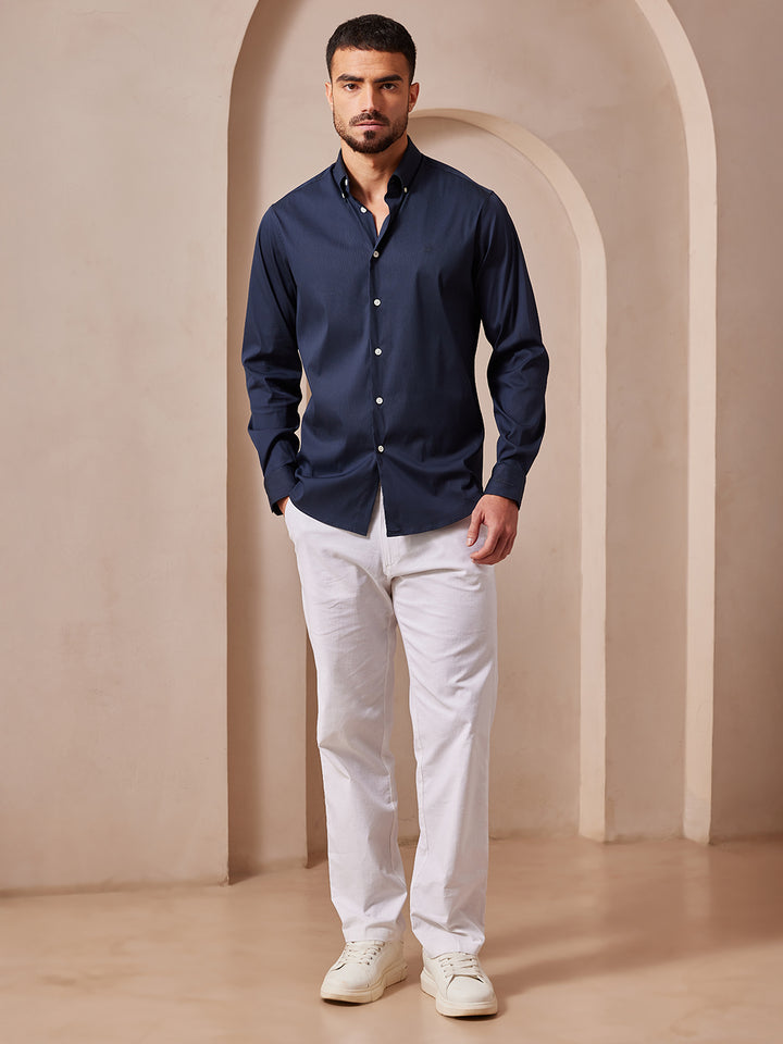 Aldeno Men Regular Fit Solid Navy blue Cotton Stretch Shirt (MARC)