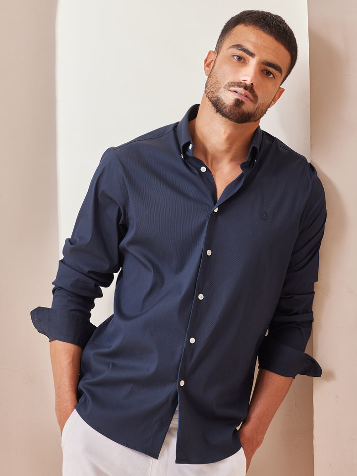 Aldeno Men Regular Fit Solid Navy blue Cotton Stretch Shirt (MARC)