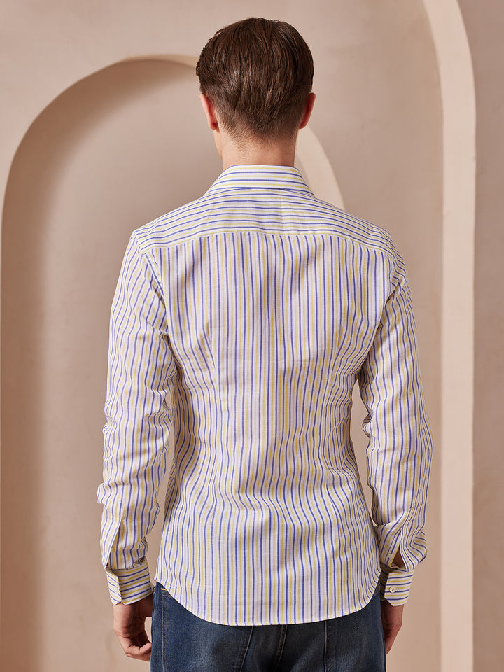 Buy Aldeno Men Slim Fit Stripes White:Yellow Cotton Linen Blend Shirt (MOHA) Buy Aldeno Men Slim Fit Stripes White:Yellow Cotton Linen Blend Shirt (MOHA)