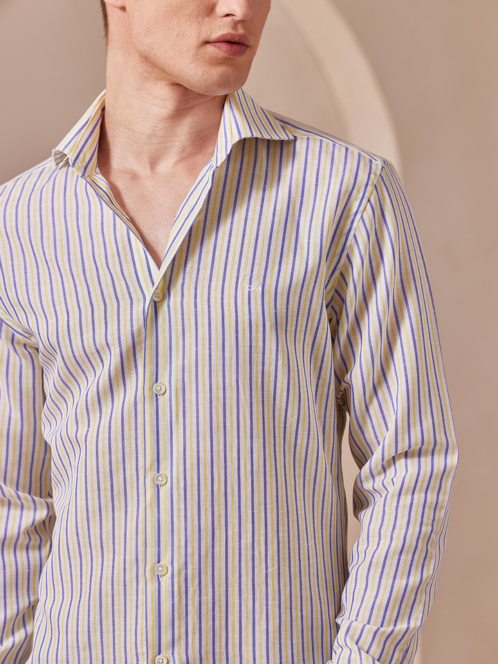 Aldeno Men Slim Fit Stripes White::Yellow Cotton Linen Blend Shirt (MOHA)
