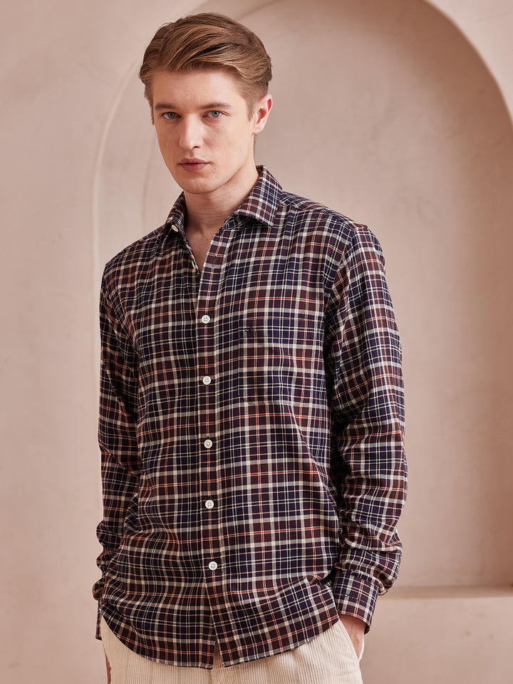 Aldeno Men Regular Fit Checks Brown Cotton Shirt (MESH)