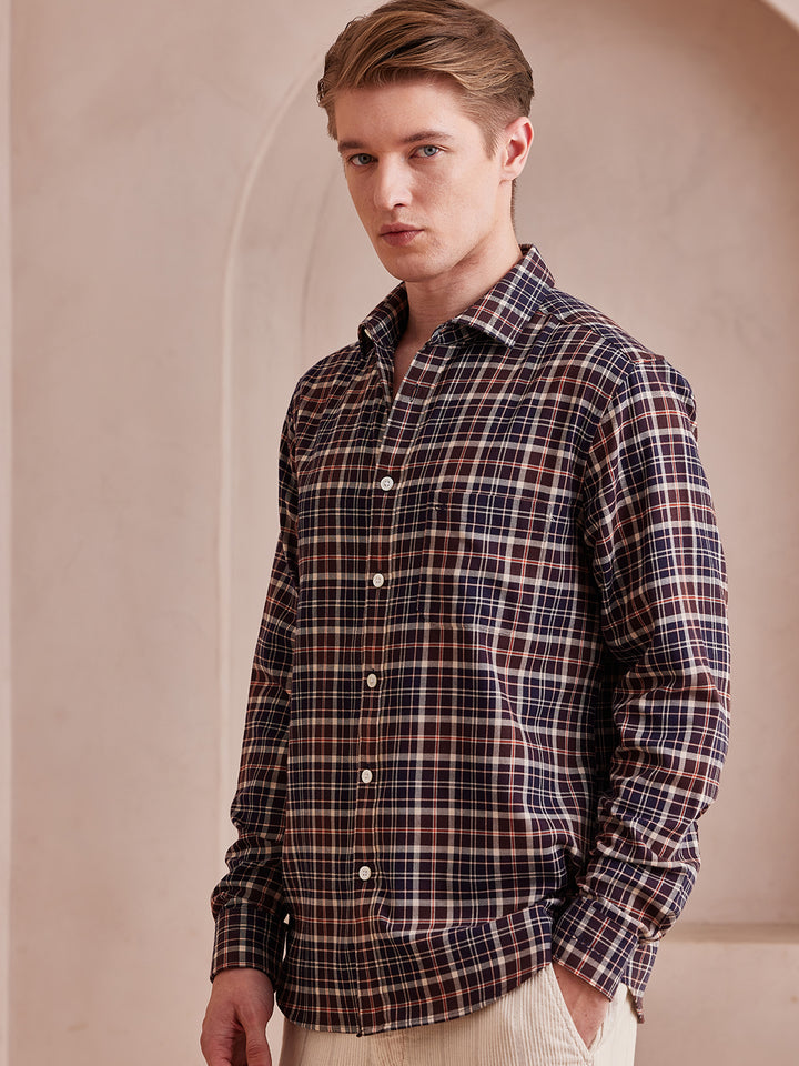 Aldeno Men Regular Fit Checks Brown Cotton Shirt (MESH)