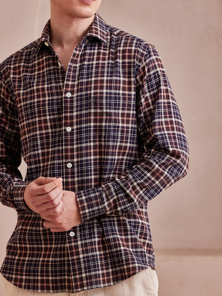 Aldeno Men Regular Fit Checks Brown Cotton Shirt (MESH)