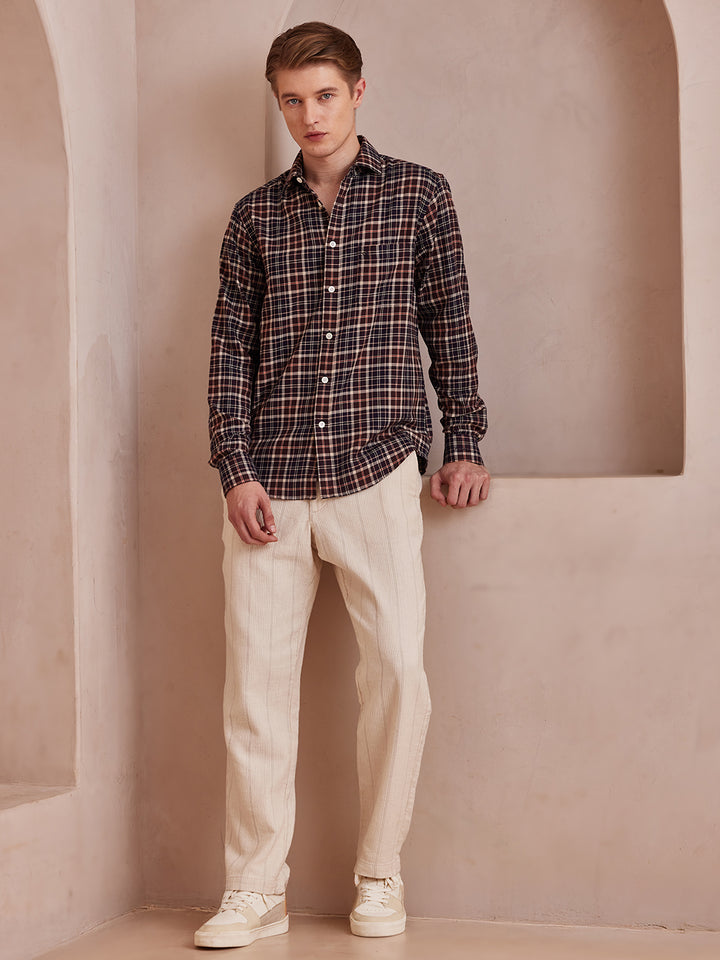 Aldeno Men Regular Fit Checks Brown Cotton Shirt (MESH)