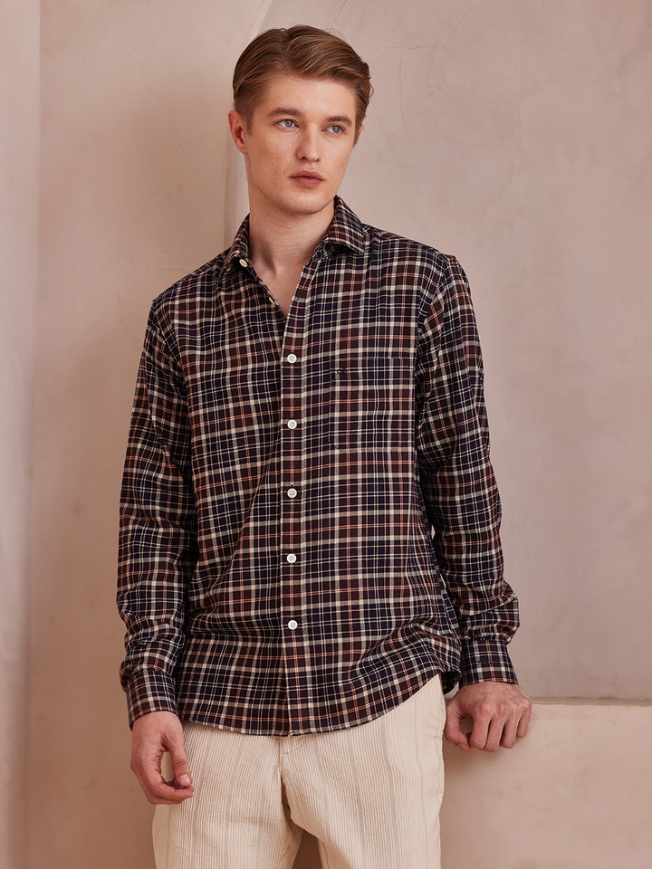 Aldeno Men Regular Fit Checks Brown Cotton Shirt (MESH)