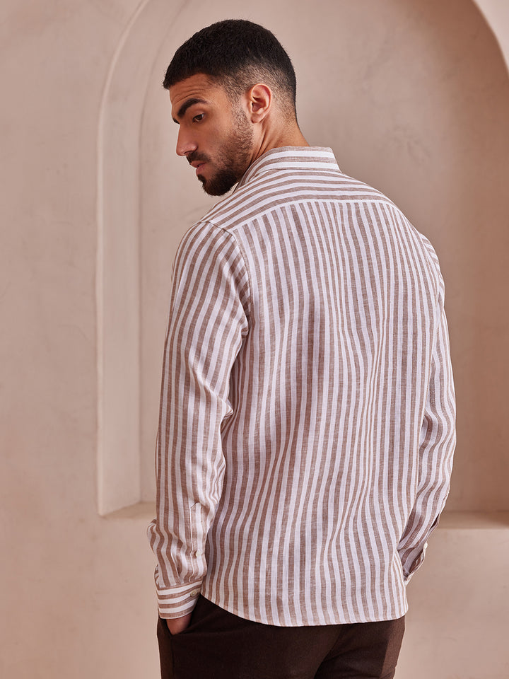Aldeno Men Regular Fit Stripe Brown and white stripe Linen Shirt (MAZY)