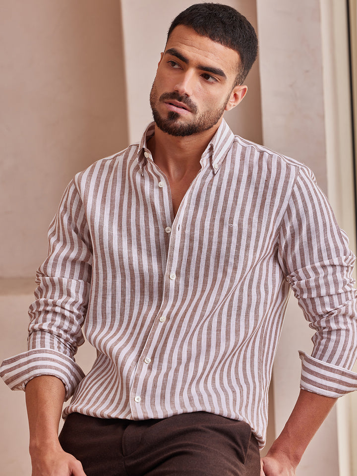 Aldeno Men Regular Fit Stripe Brown and white stripe Linen Shirt (MAZY)