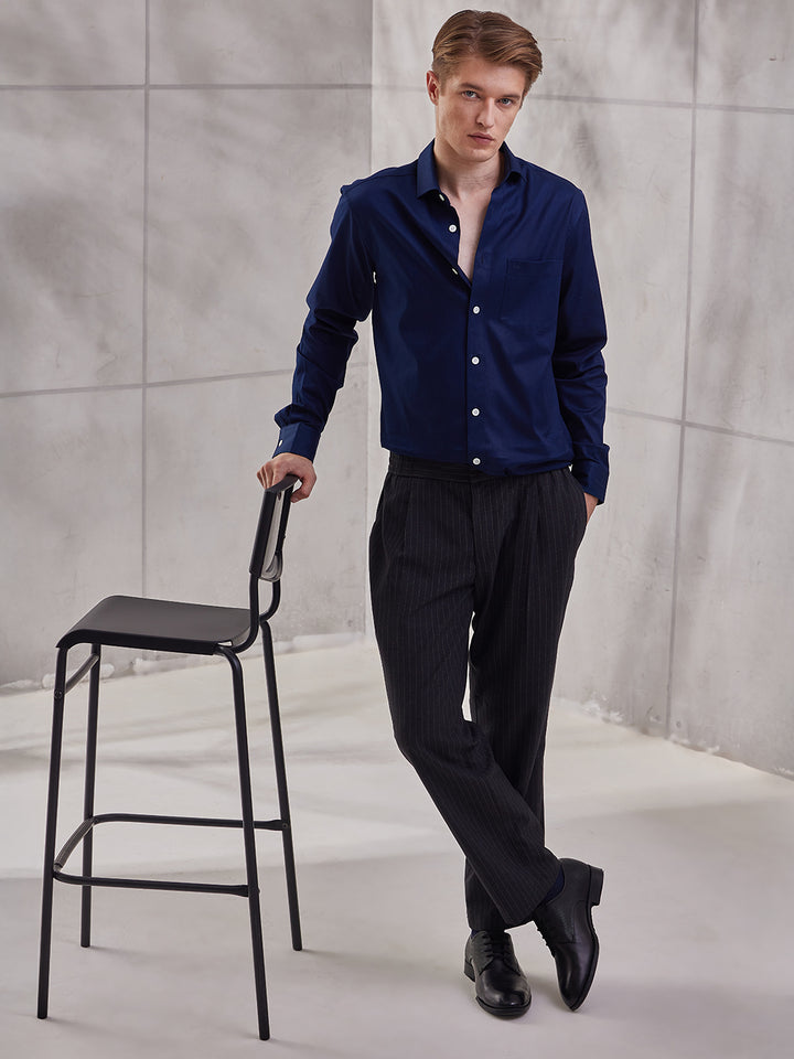 Aldeno Men Regular Fit Solid Navy-blue Cotton Shirt (MAKO)