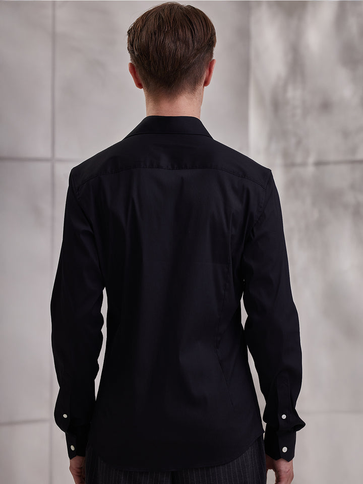 Aldeno Men Slim Fit Sold Black Cotton Stretch Shirt (MIST)