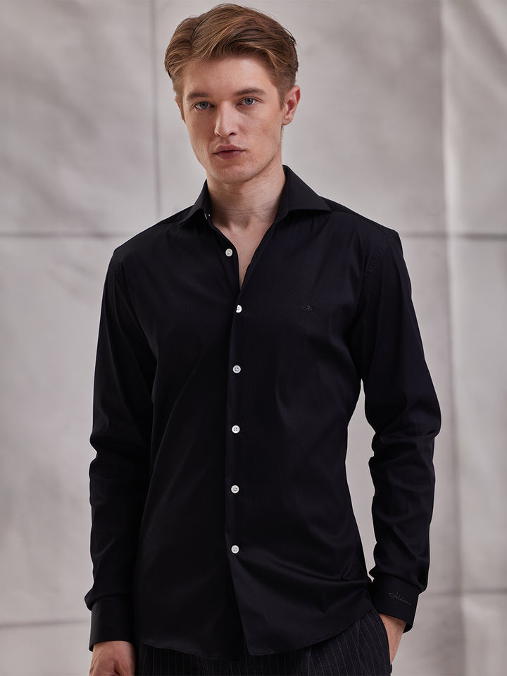 Aldeno Men Slim Fit Sold Black Cotton Stretch Shirt (MIST)