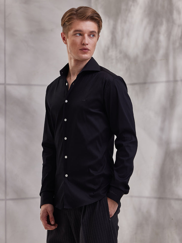 Aldeno Men Slim Fit Sold Black Cotton Stretch Shirt (MIST)