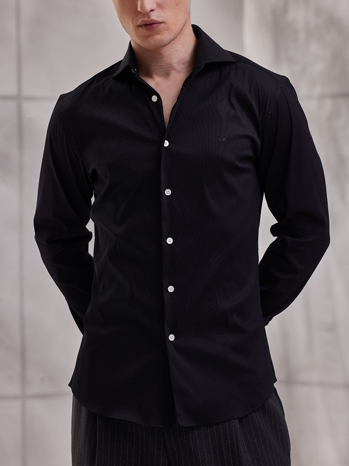 Aldeno Men Slim Fit Sold Black Cotton Stretch Shirt (MIST)