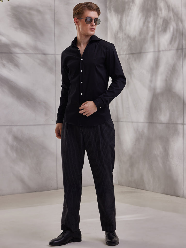 Aldeno Men Slim Fit Sold Black Cotton Stretch Shirt (MIST)