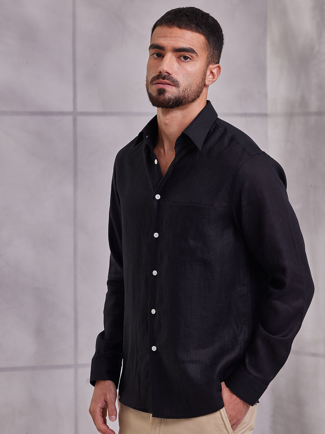 Aldeno Men Regular Fit Solid Black Linen Shirt (MERT)