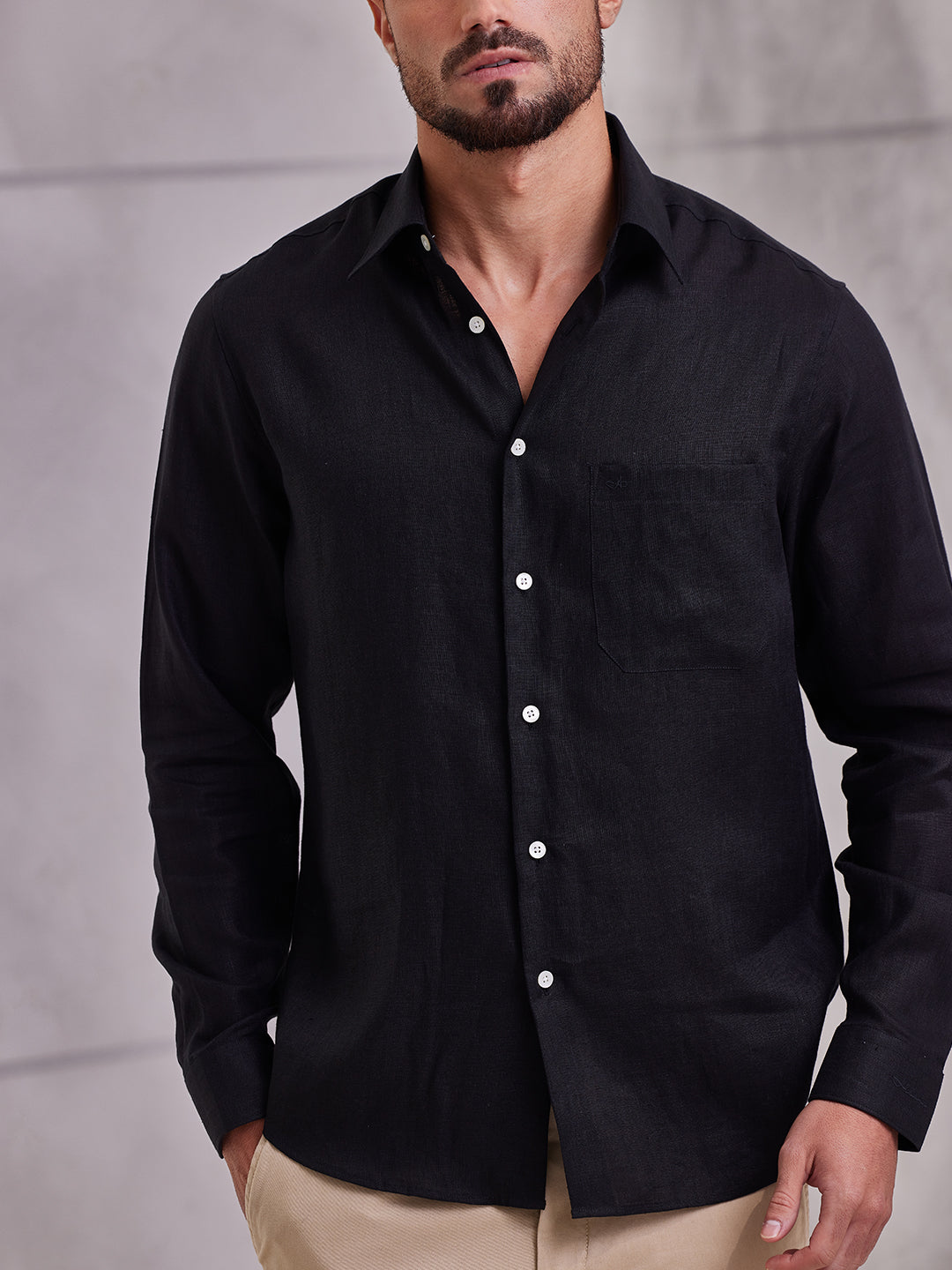 Aldeno Men Regular Fit Solid Black Linen Shirt (MERT)