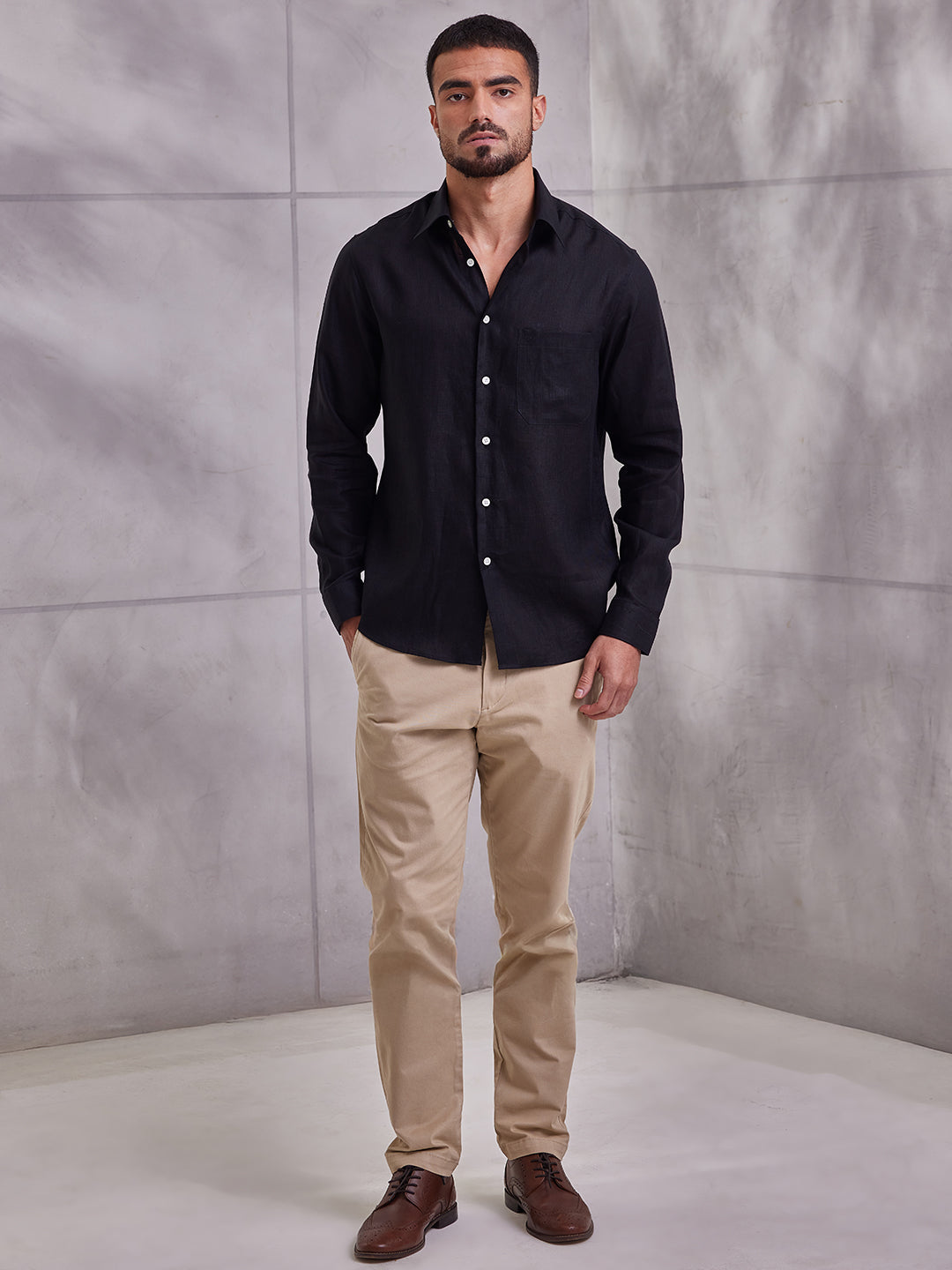 Aldeno Men Regular Fit Solid Black Linen Shirt (MERT)