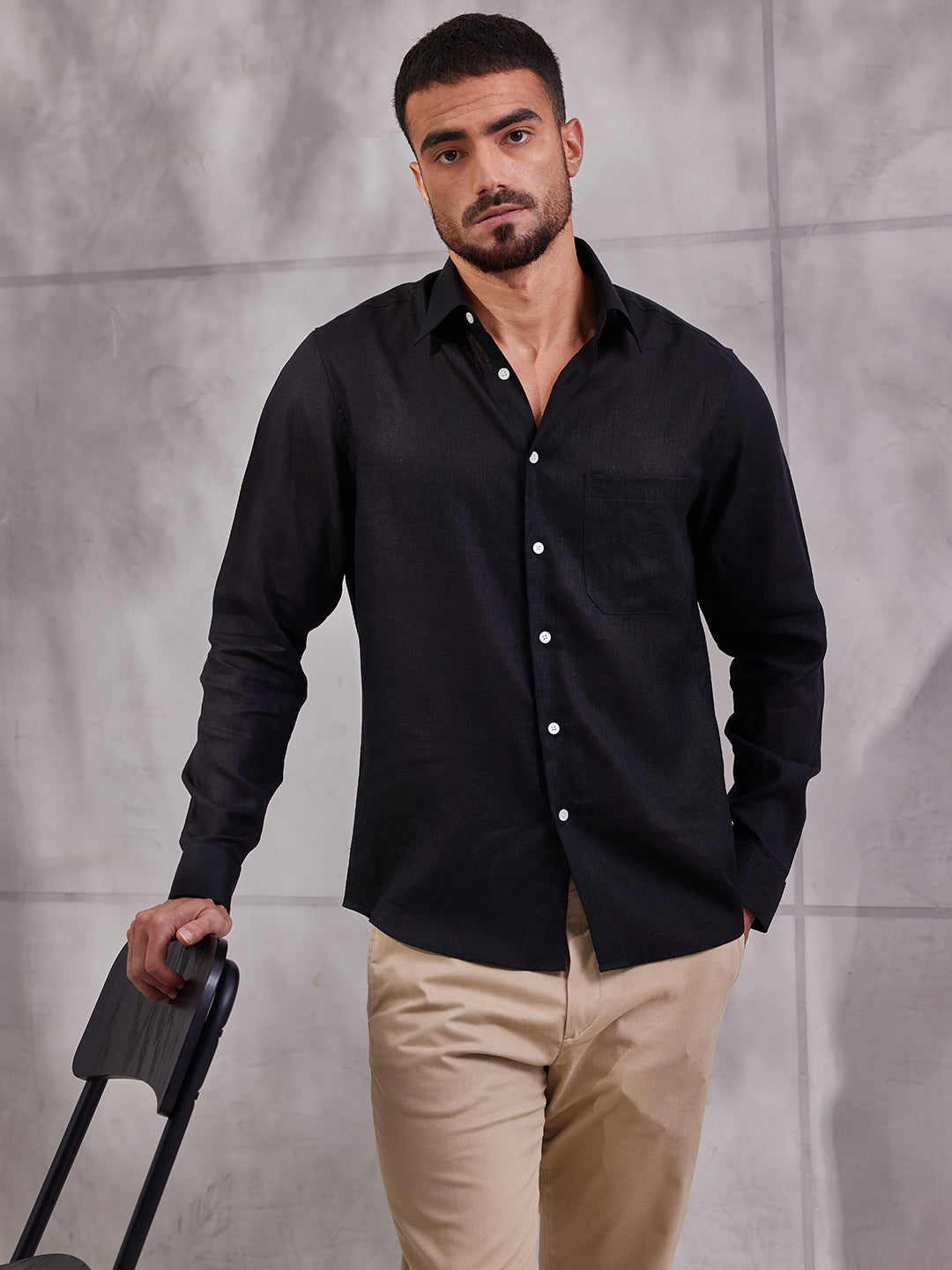 Aldeno Men Regular Fit Solid Black Linen Shirt (MERT)