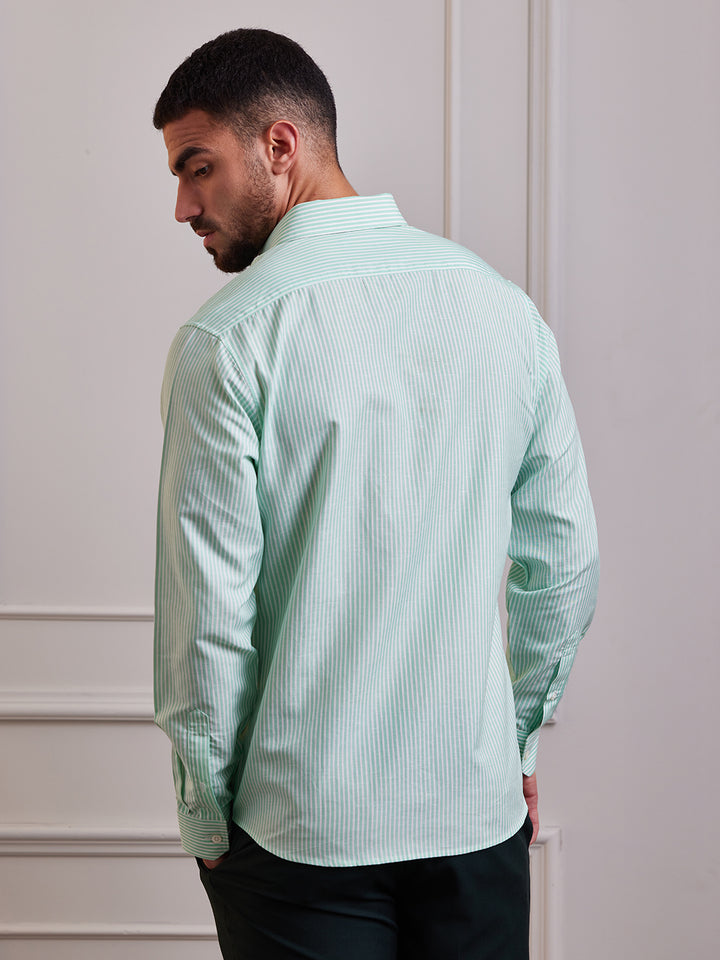 Aldeno Men Regular Fit Stripes Green Cotton linen Blend Shirt (MANA)