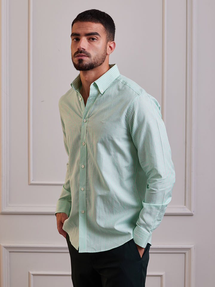 Aldeno Men Regular Fit Stripes Green Cotton linen Blend Shirt (MANA)