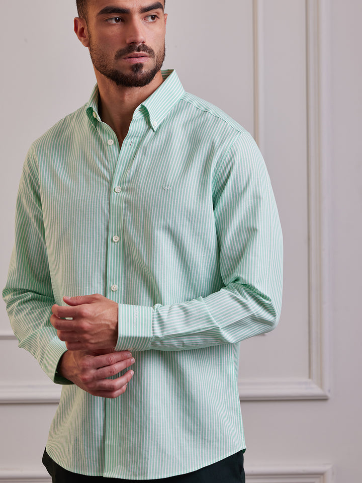 Aldeno Men Regular Fit Stripes Green Cotton linen Blend Shirt (MANA)