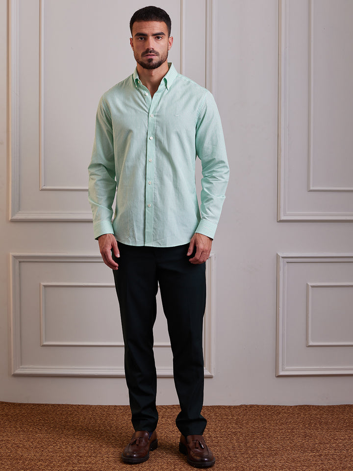 Aldeno Men Regular Fit Stripes Green Cotton linen Blend Shirt (MANA)