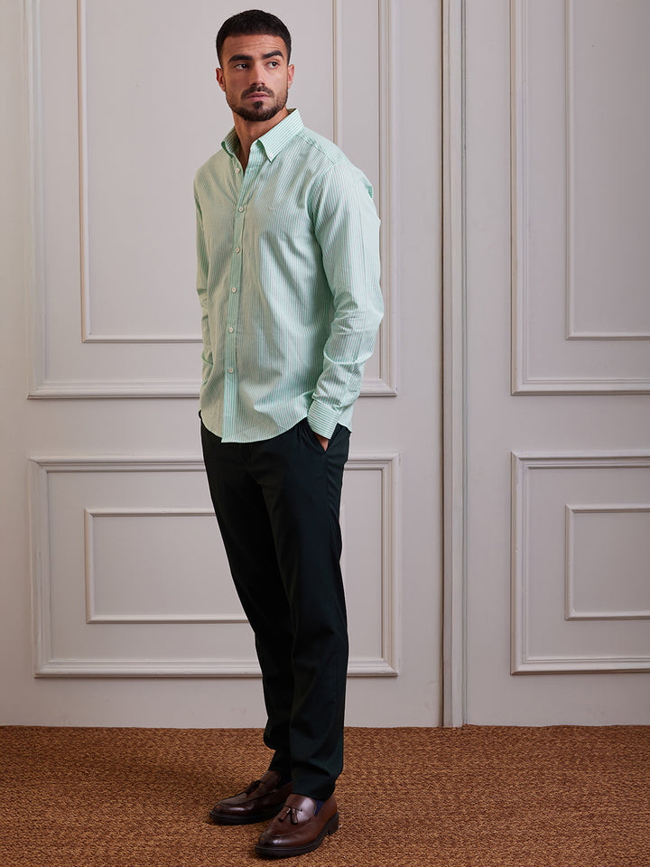 Aldeno Men Regular Fit Stripes Green Cotton linen Blend Shirt (MANA)
