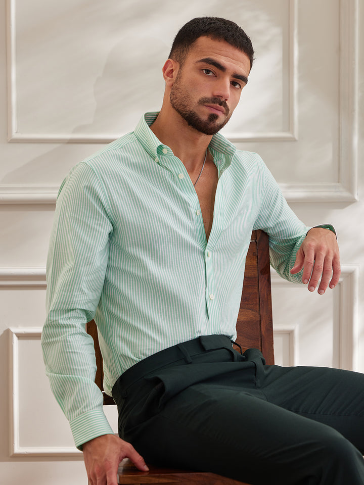 Aldeno Men Regular Fit Stripes Green Cotton linen Blend Shirt (MANA)