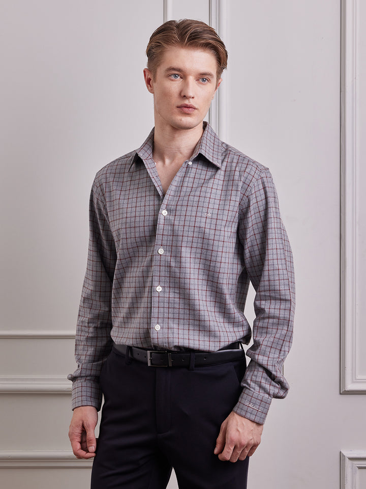 Aldeno Men Regular Fit Checks Grey/red Cotton Shirt (MAKA)