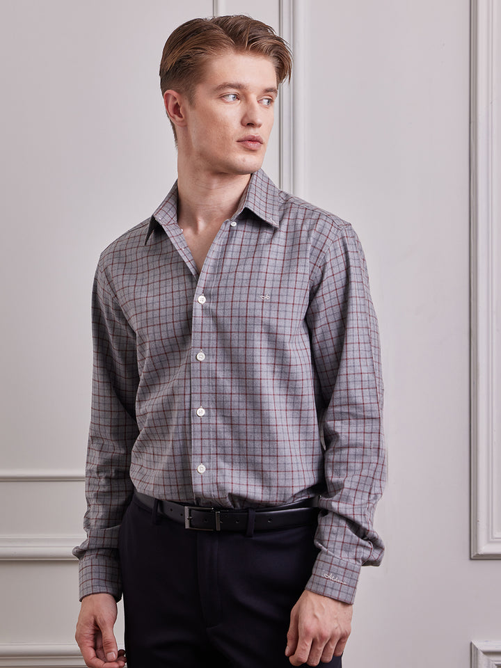 Aldeno Men Regular Fit Checks Grey/red Cotton Shirt (MAKA)