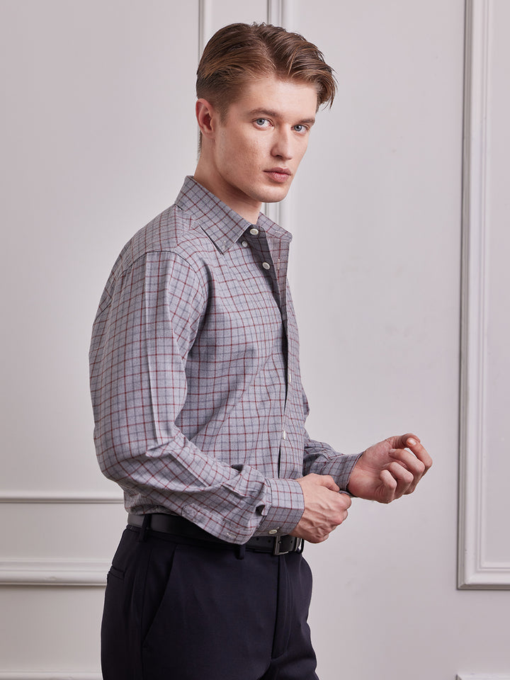 Aldeno Men Regular Fit Checks Grey/red Cotton Shirt (MAKA)