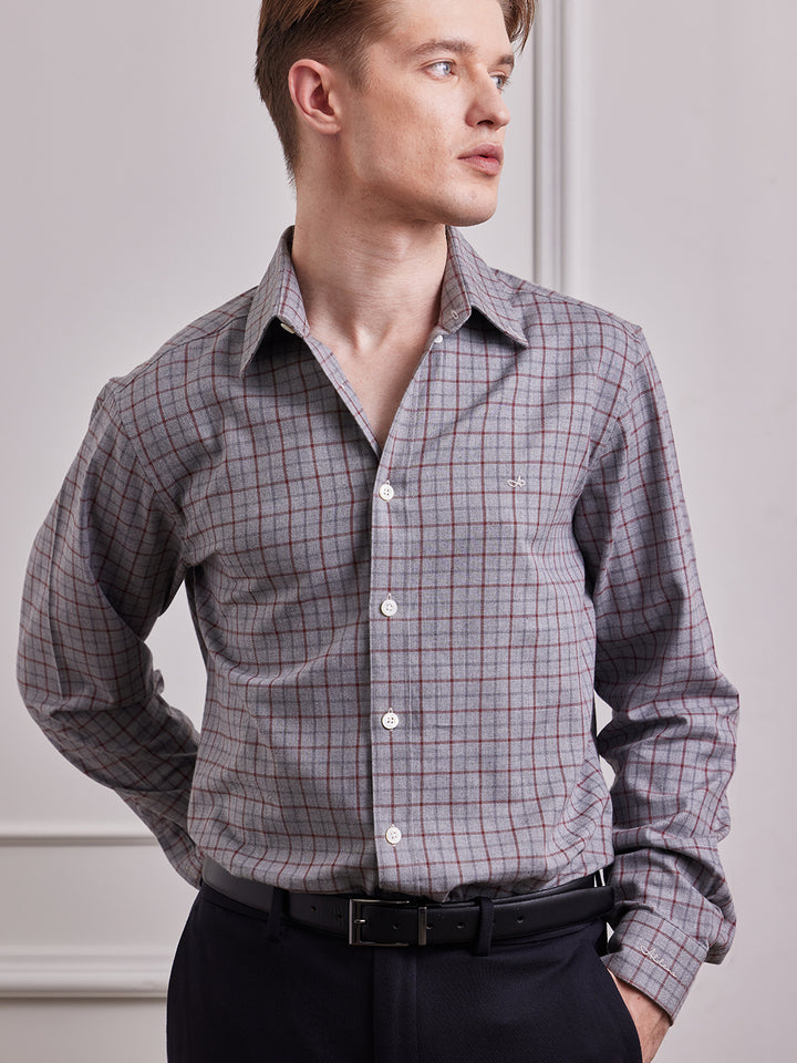 Aldeno Men Regular Fit Checks Grey/red Cotton Shirt (MAKA)