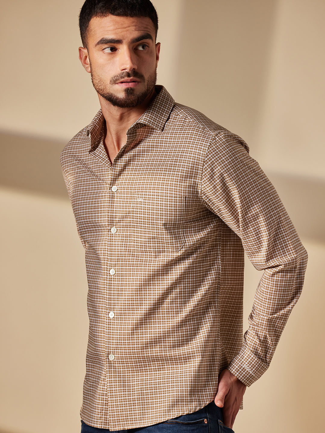 Aldeno Men Regular Fit Checks Brown Cotton Shirt (MURT)