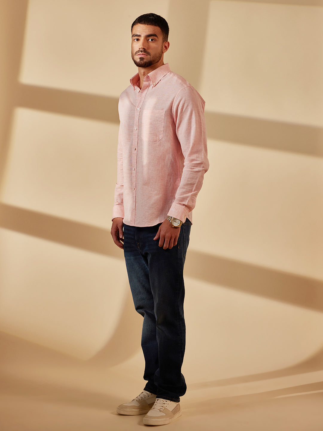 Aldeno Men Regular Fit Solid Pink Cotton linen Shirt (MESK)