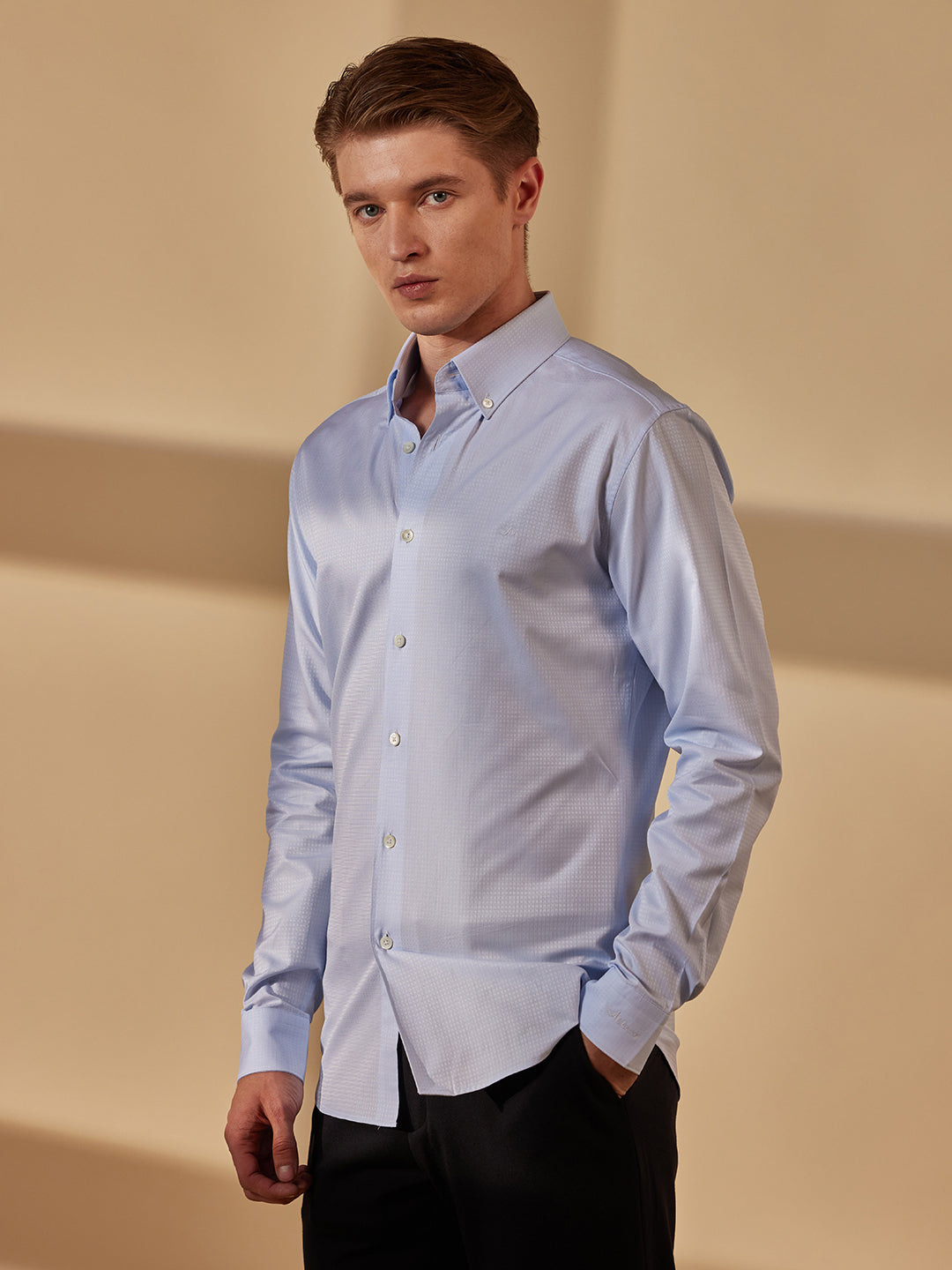 Aldeno Men Slim Fit Dobby Light blue Cotton Shirt (MIRO)