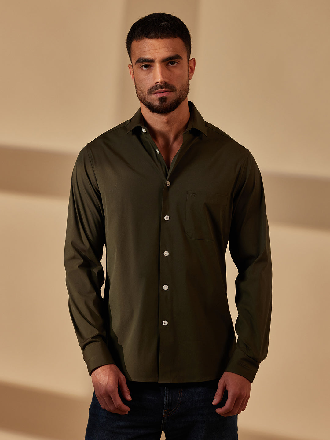 Aldeno Men Regular Fit Solid Olive green Cotton Nylon Stretch Shirt (MARK)