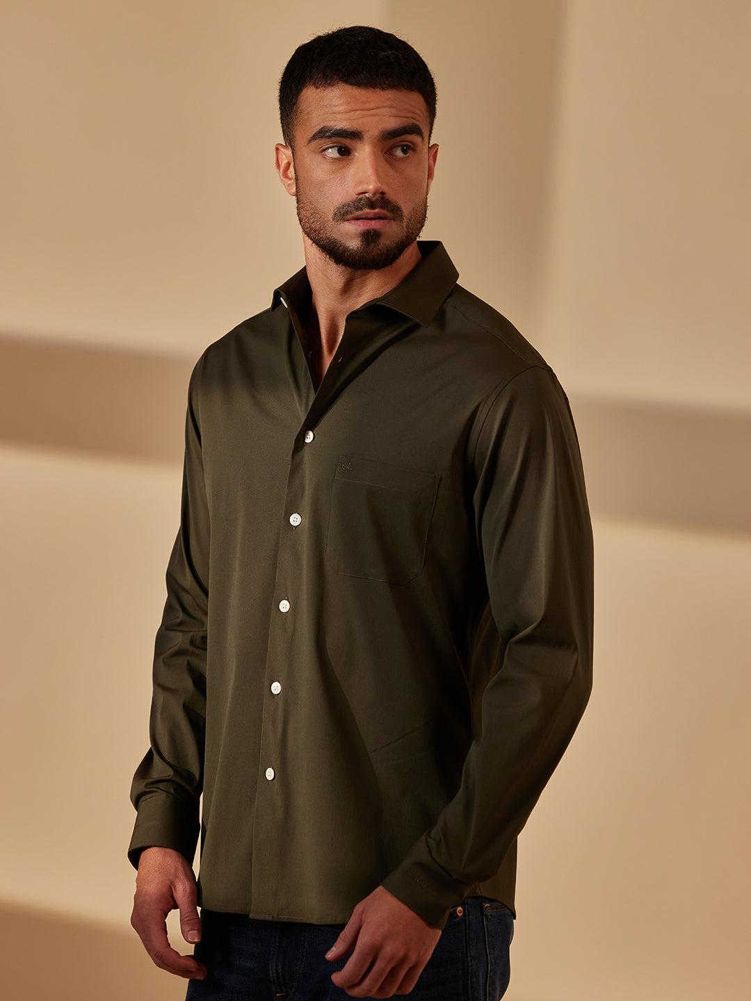 Aldeno Men Regular Fit Solid Olive green Cotton Nylon Stretch Shirt (MARK)