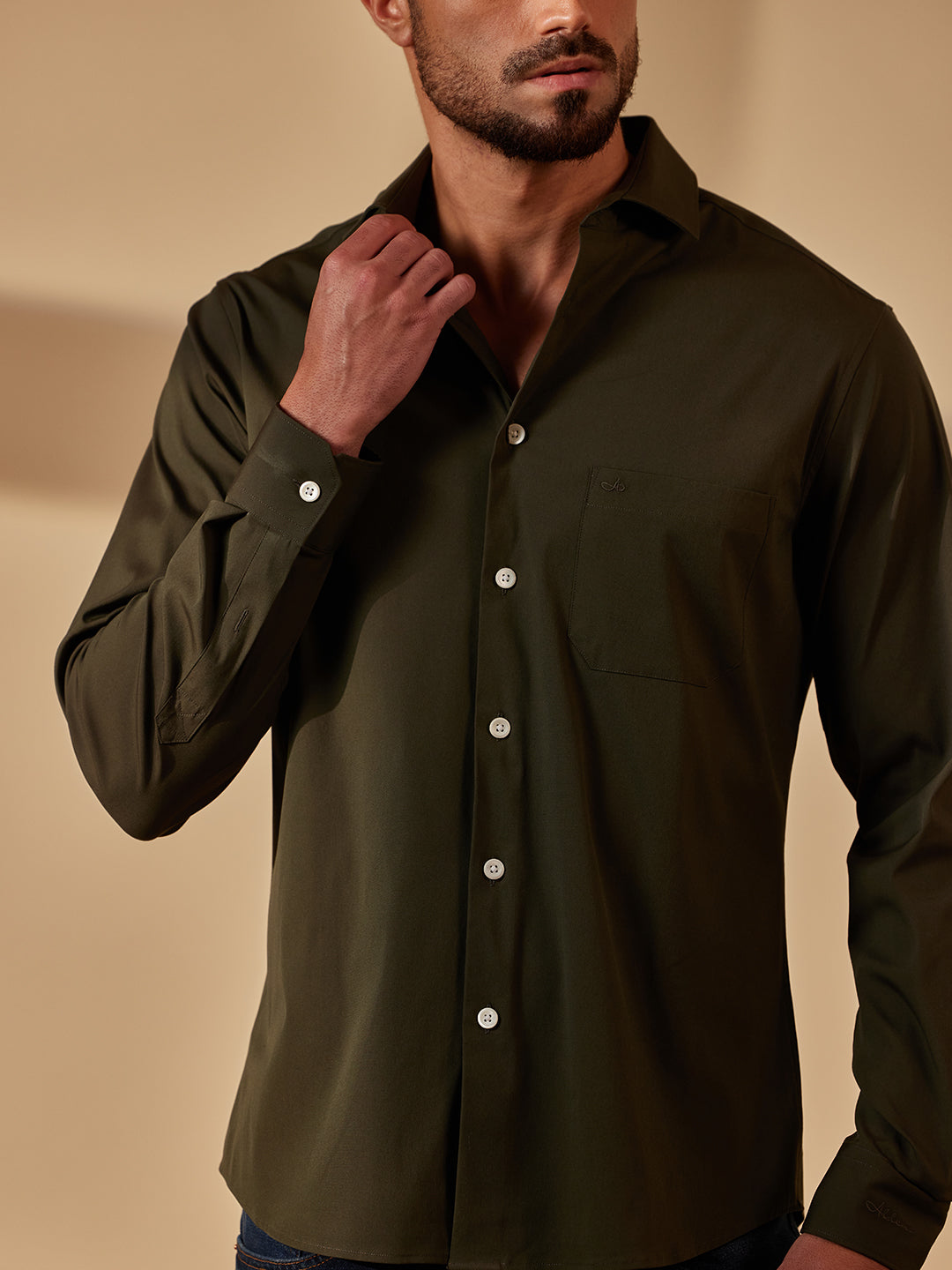 Aldeno Men Regular Fit Solid Olive green Cotton Nylon Stretch Shirt (MARK)