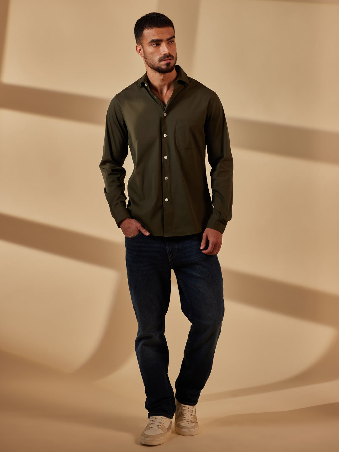 Aldeno Men Regular Fit Solid Olive green Cotton Nylon Stretch Shirt (MARK)