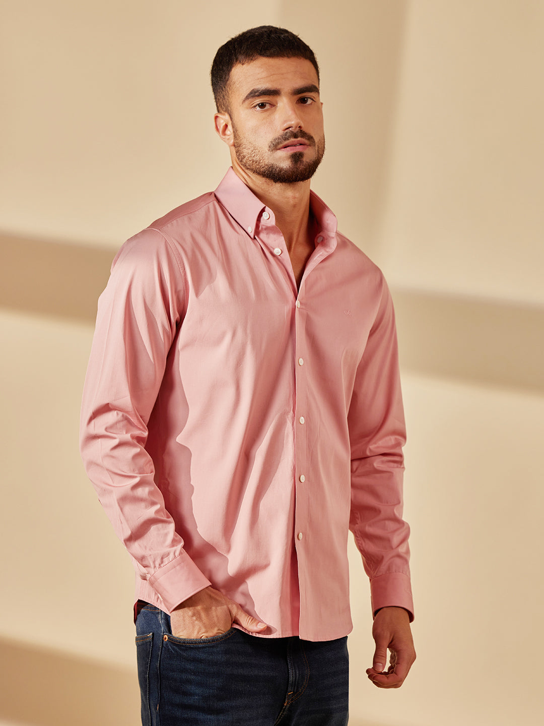 Aldeno Men Regular Fit Solid Baby pink Cotton Shirt (MORS)