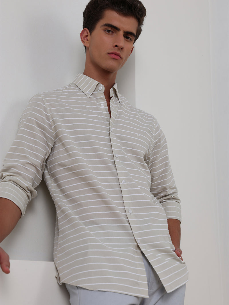 Beige regular fit cotton striped casual shirt for men (CHIUS)