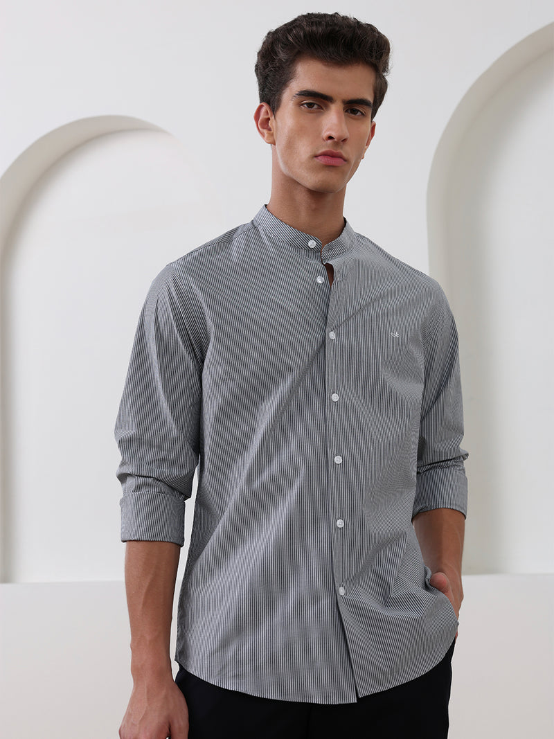 Grey regular fit cotton striped casual shirt for men (CURO)
