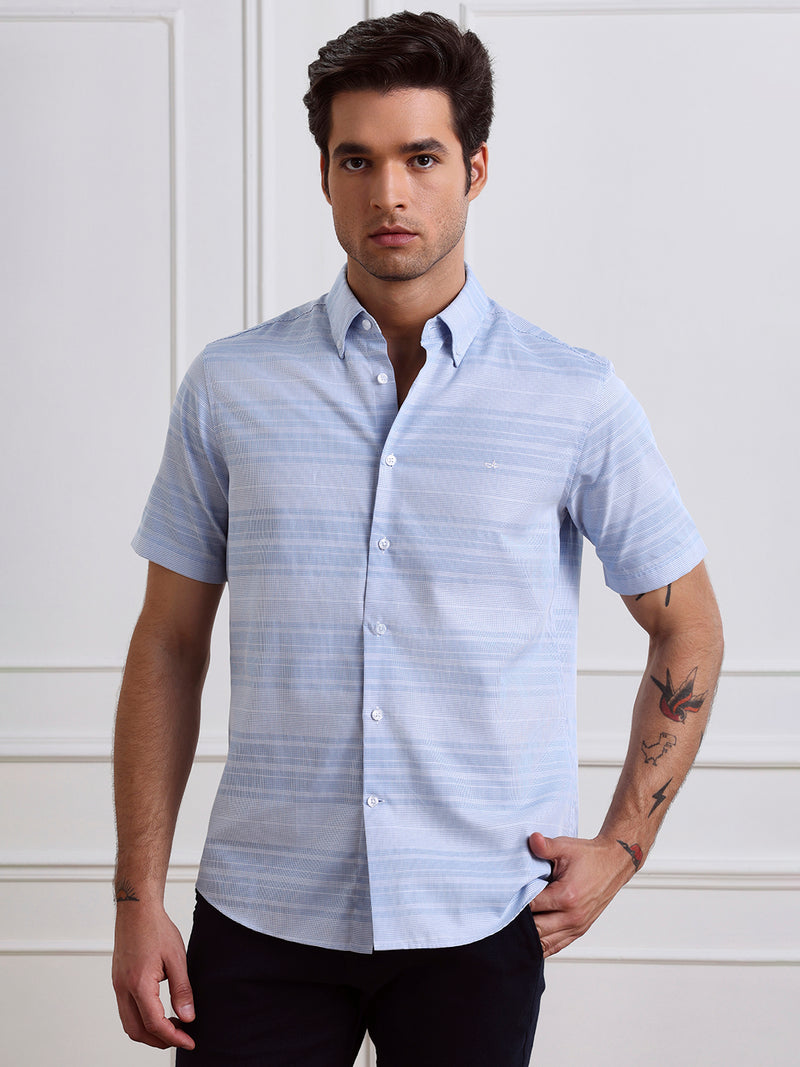 Blue regular fit cotton striped casual shirt for men (CRAVE)