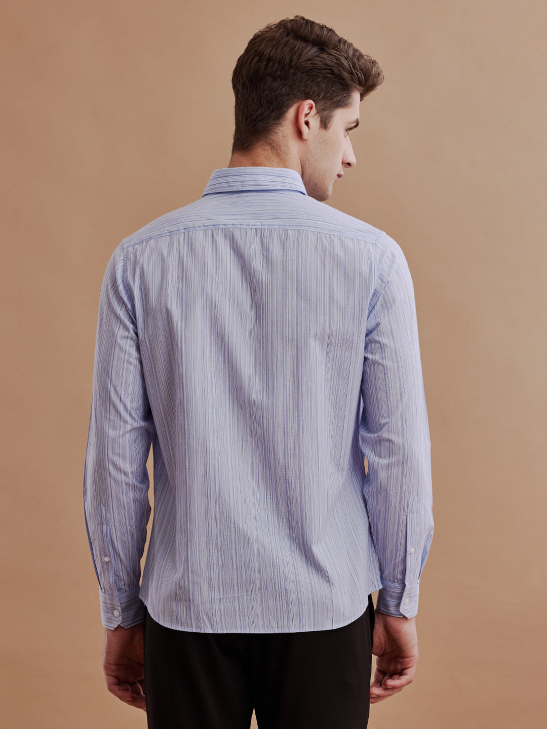 Aldeno Mens Regular Fit Vertical Blue/White Formal Cotton Stretch Shirt (FILOR)