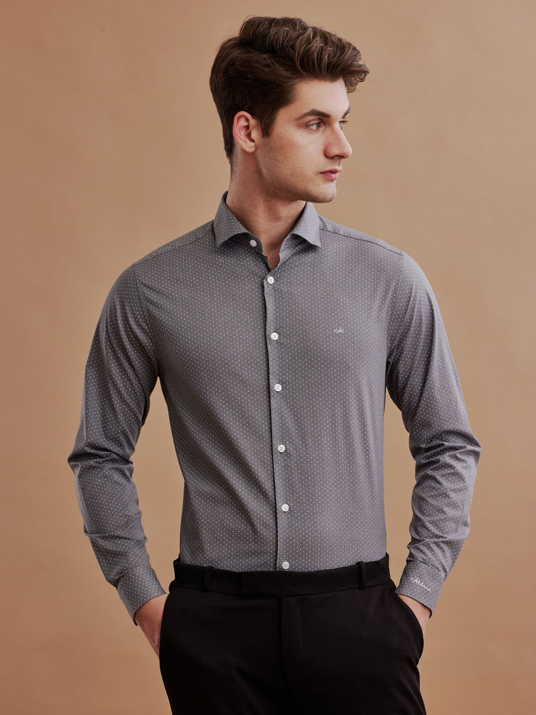 Aldeno Mens Regular Fit Polka Grey/White Formal Cotton Blend Shirt (PERLA)