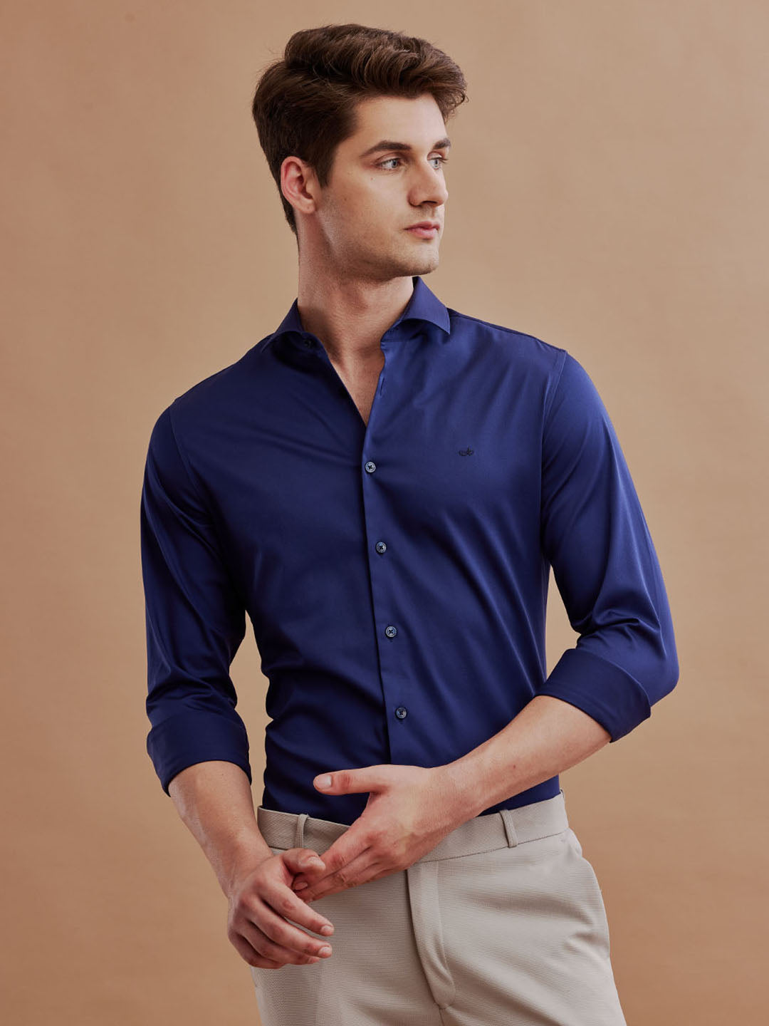 Aldeno Mens Regular Fit Plain Navy Casual Cotton Shirt (TAZIO)