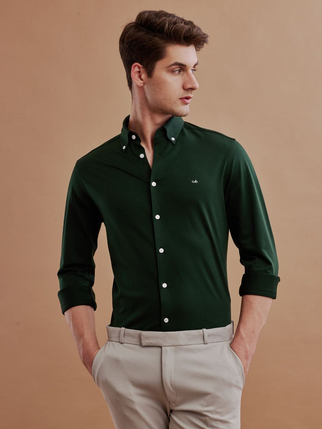 Aldeno Mens Regular Fit Plain Green Casual Cotton Shirt (KOSKI)