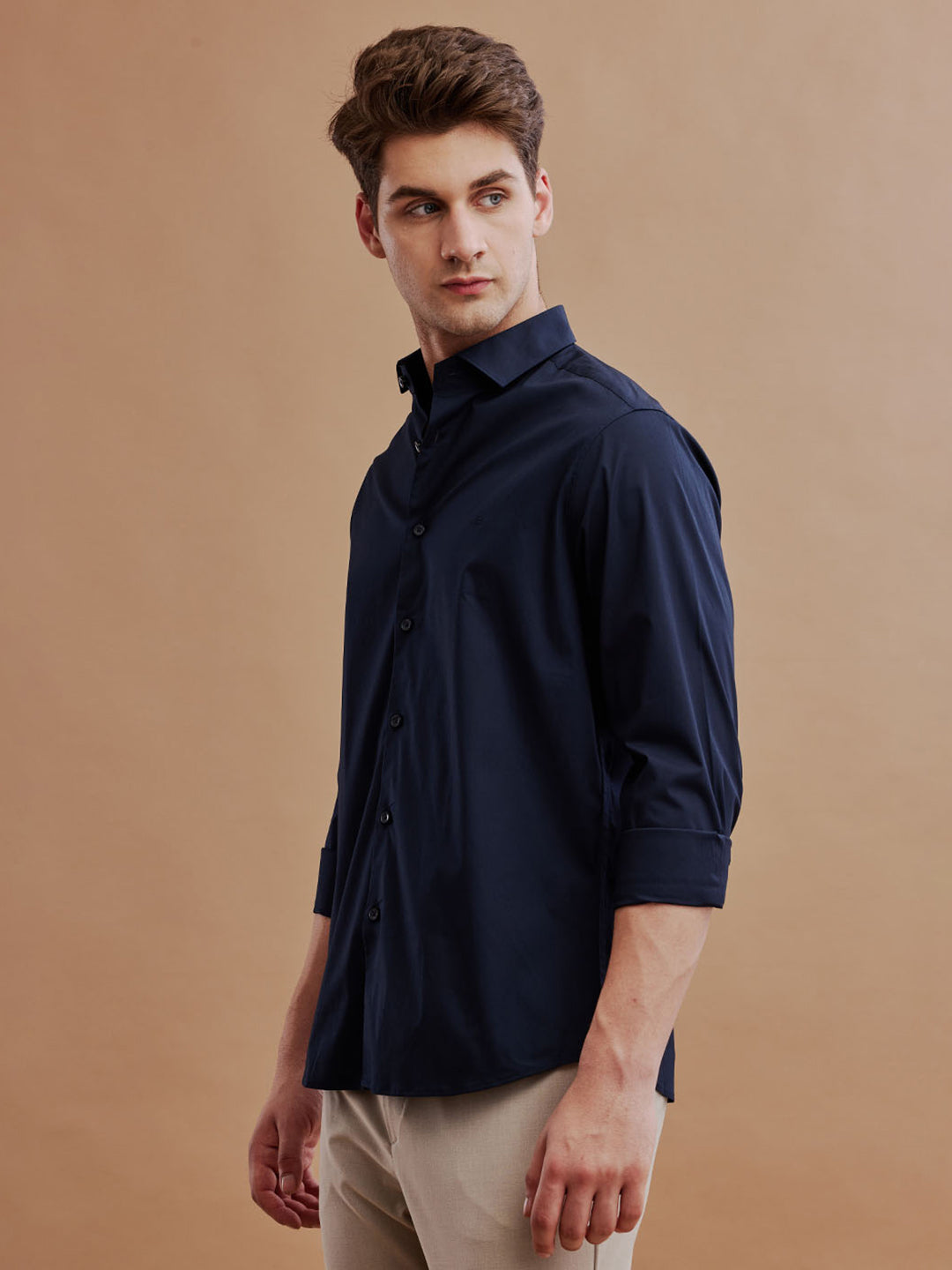 Aldeno Mens Regular Fit Solid Navy Blue Casual Satin Shirt (PABLO)