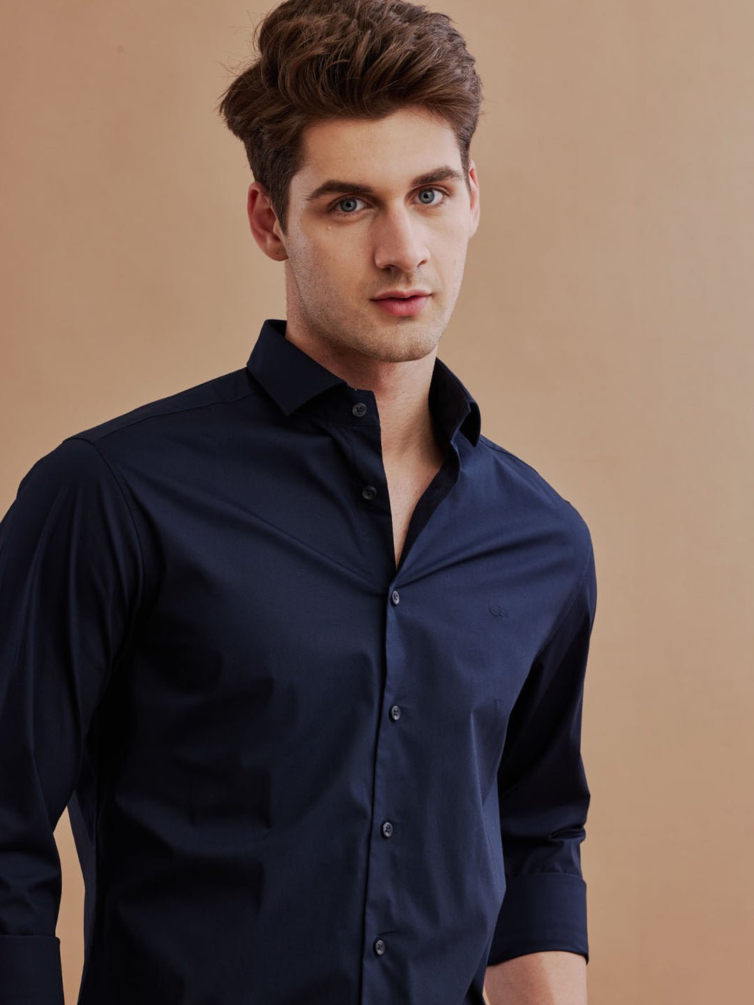 Aldeno Mens Regular Fit Solid Navy Blue Casual Satin Shirt (PABLO)