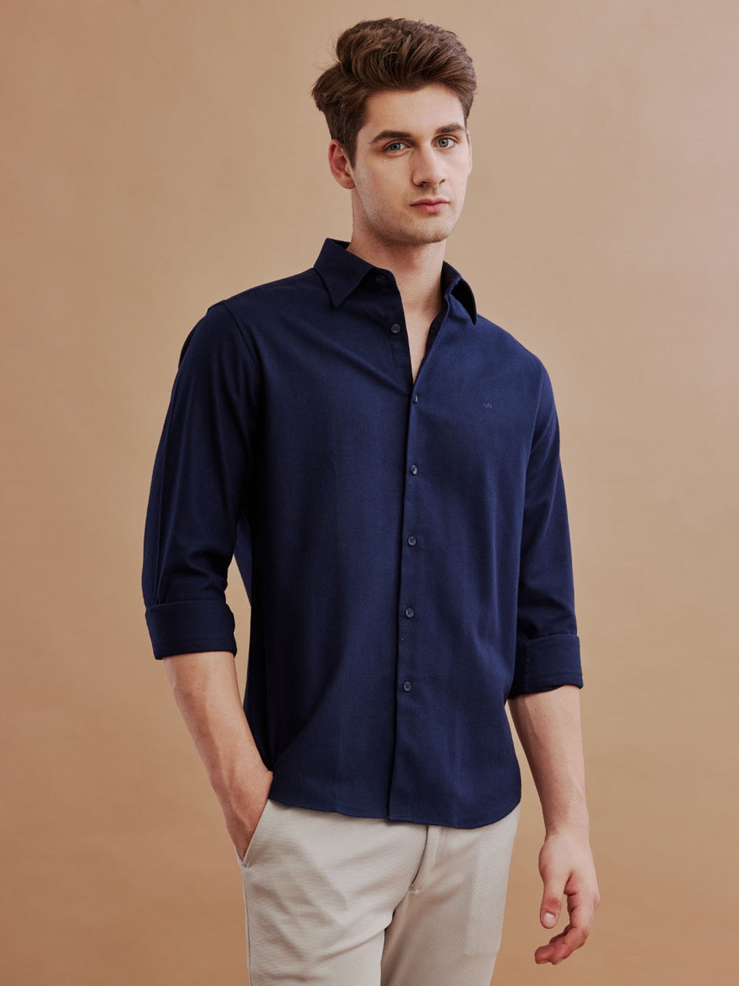 Aldeno Mens Regular Fit Plain Navy Casual Cotton Shirt (TARRA)
